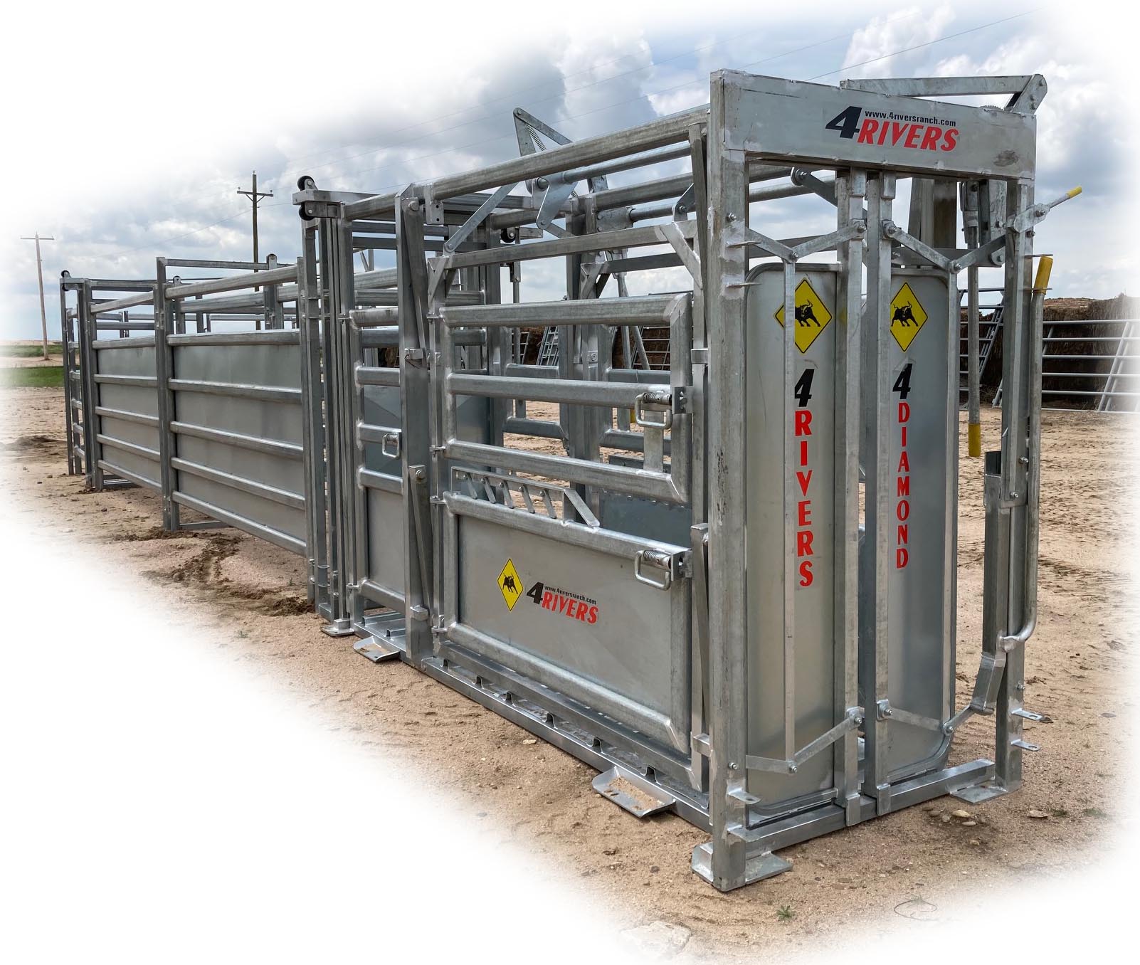 4 Rivers Diamond Vet Squeeze Chute, Parallel Squeeze, Single Side Exit, Galvanized - Cow in Chute
